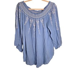 TERRE BLEUE Tunic Womens Large  Blue Embroidered Off Shoulder 3/4 Sleeve Top